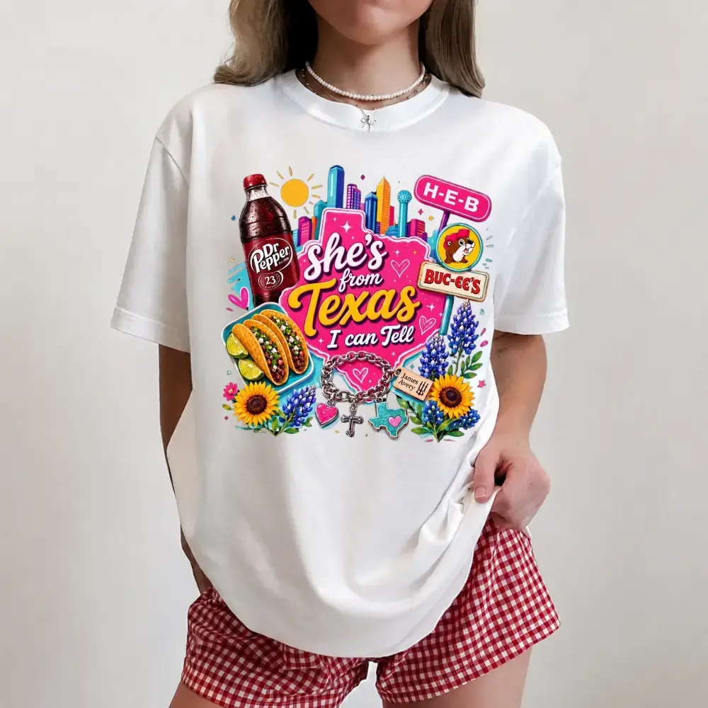 She’s From Texas I Can Tell Shirt, Pink Western Texas Girl Graphic Tee Print Tee, Andrew Clothings