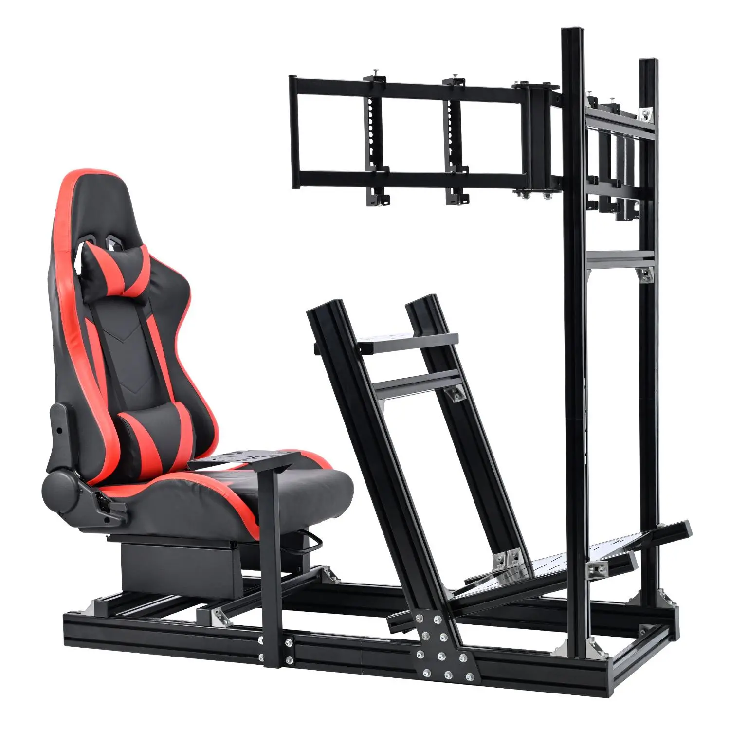 Dardoo Adjustable 4080 Aluminum F1 Racing Sim Cockpit - Dual-Sliding, Ergonomic Red Seat, Triple Monitor Stand, Compatible with G920, G923, G29, G Pro, T150, R5 (No Wheel, Handbrake, Shifter, Pedals Included)