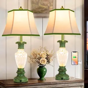 DEMILARE 28.5" Farmhouse Table Lamps Set of 2 Green Finish with USB Charging Ports and Nightlight, 3 Color Temperatures Adjustable Lighting, Vintage Resin and Crystal Design for Bedroom Living Room, Bulbs Included,Stock Up,Mother's Day