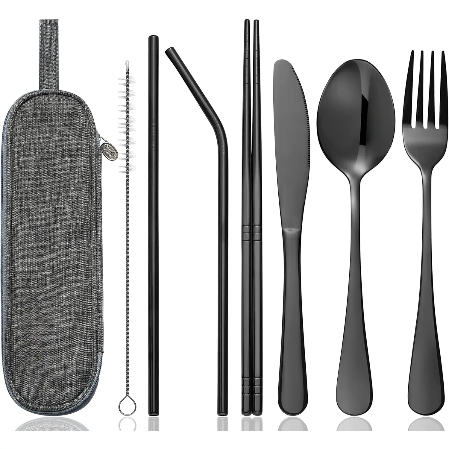 8-  Stainless Steel Travel Cutlery Set with Case - Fork, Spoon.Chopsticks, Straw & Brush-Portable Utensils for School, College Dorm, Lunchbox,Camping -  ldea (Black)