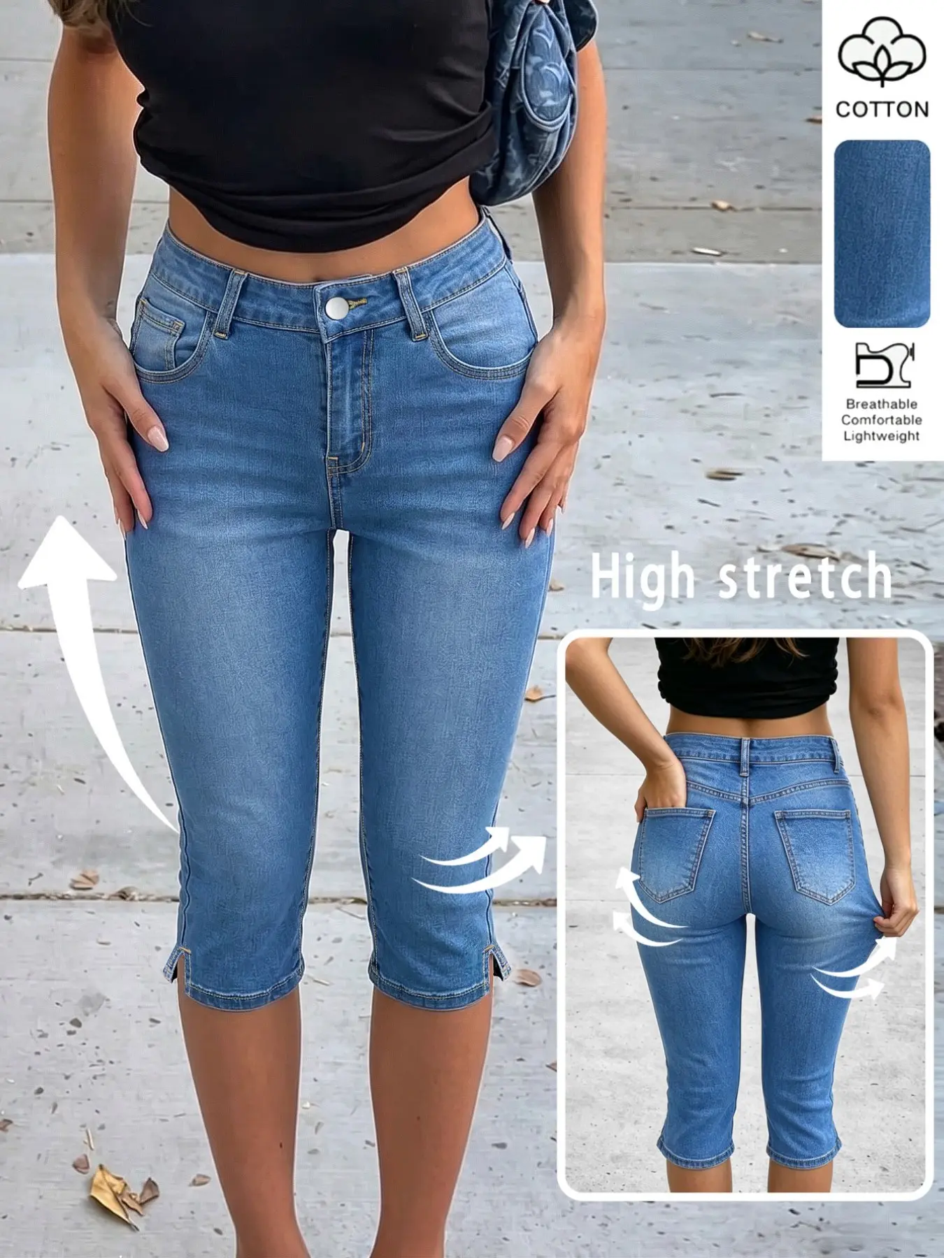 Light Blue Washed High Waist Elastic Denim Seven-Eighths Cropped Pants, Slim Fit Split Cycling Pencil Pants, Women Summer Casual Basic Versatile Style, Bottom, Cropped Jeans