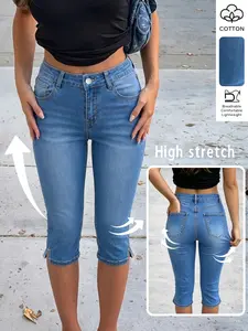 Light Blue Washed High Waist Elastic Denim Seven-Eighths Cropped Pants, Slim Fit Split Cycling Pencil Pants, Women Summer Casual Versatile Style