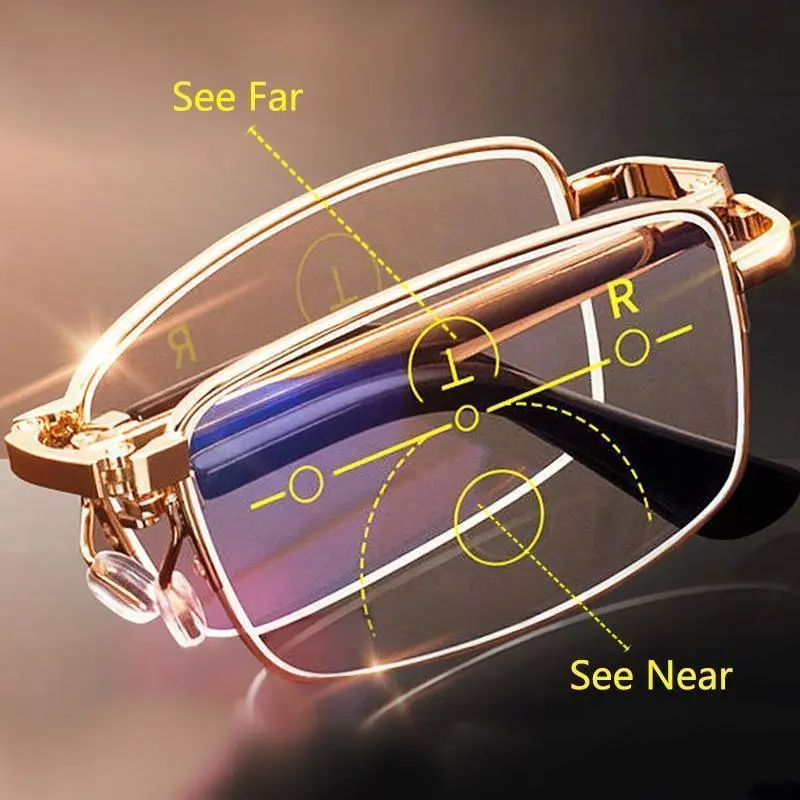Adults' Framed Foldable Progressive Bifocal Reading Glasses - Anti-Blue Ray Rectangular Statement Frame Eyewear with Leather Case, Fashion Reading Wear & Accessories for Women, Statement Frame Glasses