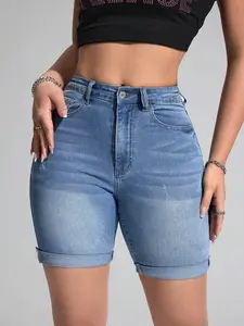 Women's High-Waisted Vintage Washed Blue Denim Motorcycle Shorts, Slim Fit, Rolled Hem, Stretchy, Mid-Thigh Length, Casual Summer Jeans Shorts, Essential