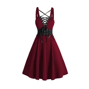 2025 Women's Gothic Cocktail Dress 65s Lace Up Retro Rockabilly Buckle Strap Crisscross Plunging Neck High Waisted A Line Party Swing Mini Dress
