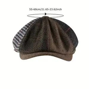 A Vintage Octagonal Patchwork Hat with a 22.44inch Head Circumference, Perfect for Autumn And Winter, Stylish, Simple, And Versatile, Suitable for Artists And Newsboys.