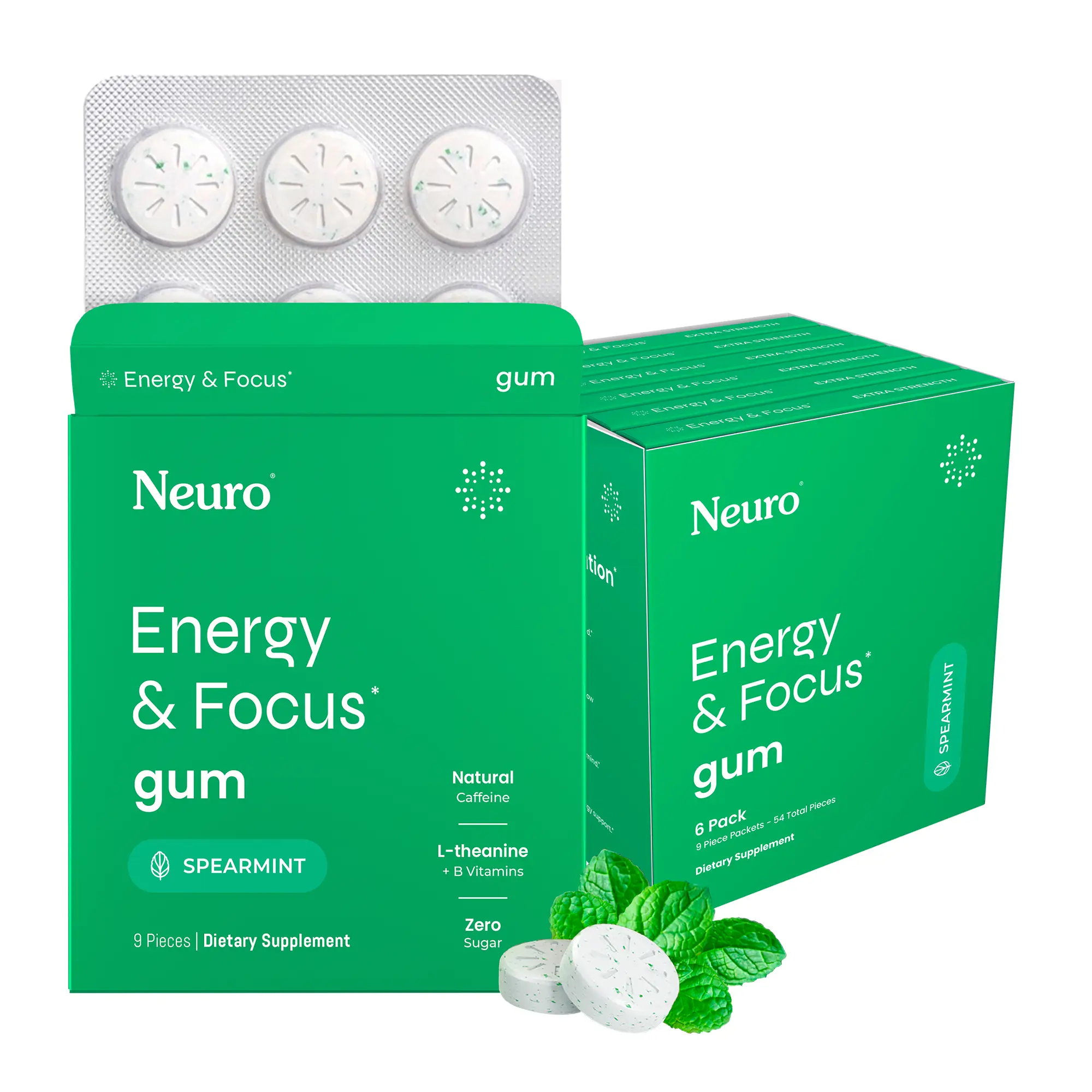 Neuro Energy Caffeine Gum/Mints for Energy & Focus - Sugar-Free with L-theanine, Caffeine, Vitamin B12 & Vitamin B6 - Spearmint Flavor