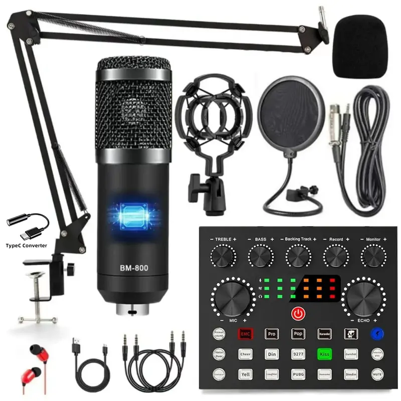 Safring BM-800 USB Rechargeable Condenser Microphone Podcast Equipment Bundle - V8s Live Sound Card, Micro USB, Voice Changer, Desk Clamp, PC Accessories, 4 Sound Variations for 2-Person Podcasting, Vlogging (Windows, Android Compatible, Geek Gift)