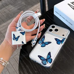 6 Piece Set Transparent Blue Butterfly Phone Case, Charger Head Cover, Cable Protector, Storage Rope, Data Line Wrap, for iPhone 11-16 Pro Max