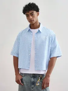 Light Blue Small Grid Embroidered Shirt, Elegant Commuter Short Sleeve Blouse, Casual Daily Wear, Loose-Fitting Style