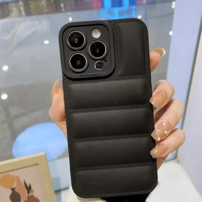 Down Jacket Stripe Plain Phone Case, 1 Count Full Covered Camera Lens Protect Shockproof Anti-fall Protective Case For iPhone, Mobile Phone Protection