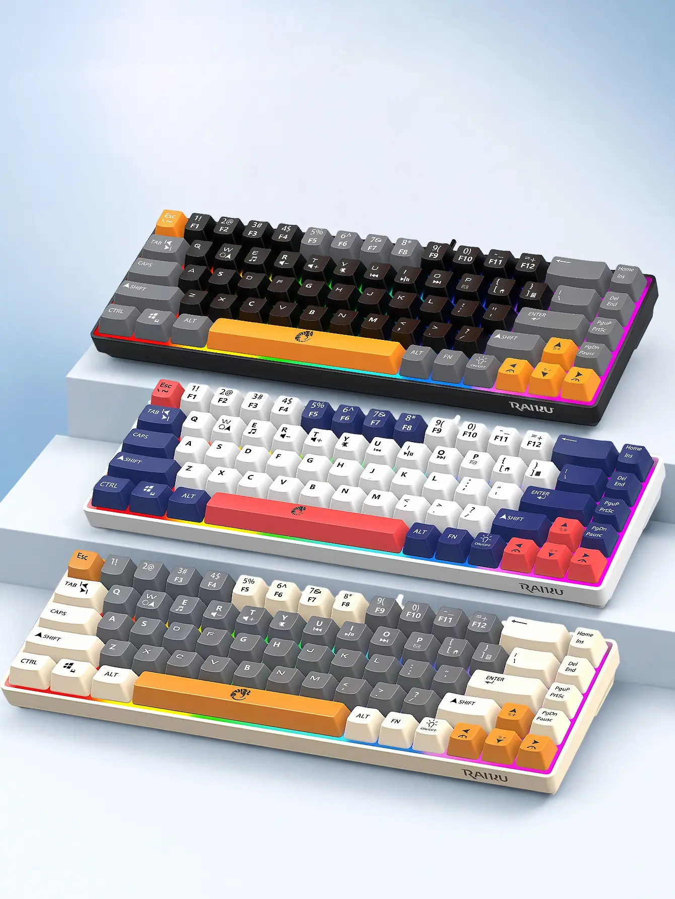 68-Key K68 Wired Gaming Keyboard, 2-Color Design, 19-Key Anti-Ghosting, Rainbow Backlight, Bright Display, Multimedia Functions, Suitable for Office & E-Sports Use