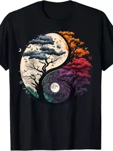 Plus-size Yin-Yang nature-inspired pattern loose T-shirt - striking black T-shirt decorated with a double tree design, incorporating elements of the moon and flying birds, ideal for nature lovers and outdoor enthusiasts, a great choice for casual summer