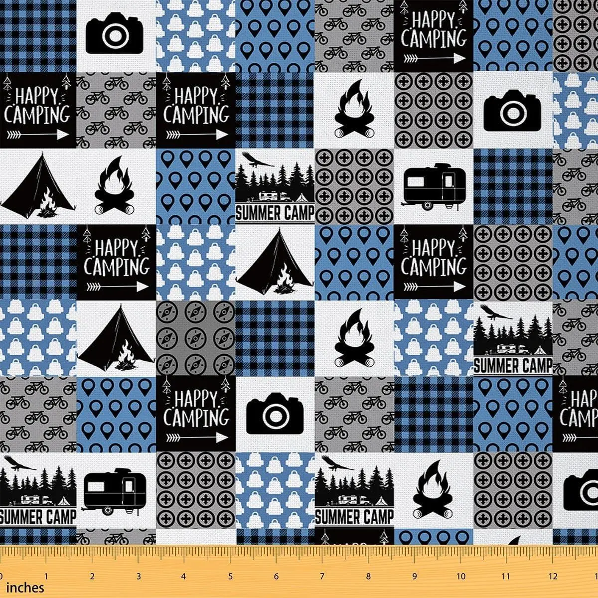 Happy Camping Fabric Camper Soft Flannel Fabric Vintage Wood Grain Fire Print Upholstery Chairs Retro Rv Camping Plaid Grid Deep Blue Black Upholstery