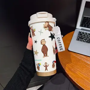 Coffee Cup 530ML Insulated Travel Mug, Coffee Thermal Cup, Vacuum Insulated Tumbler, Vacuum Insulated Flask, Curious George Monkey Cartoon Design, Dual-Layer Leakproof Handle, Perfect Gift for Coffee Lovers, Drinkware