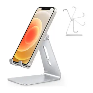 Adjustable Cell Phone Stand, Aluminum Desktop Cellphone Stand with Anti-Slip Base and Convenient Charging Port, Fits All Smart Phones, Silver