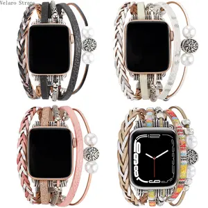 Bohemian Pearl & PU Braided Bracelet Band for Apple Watch, Fashionable Bangle Style Strap for Series 4–9, All Sizes 38–49mm