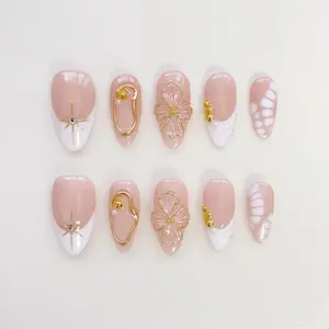 White French Almond Press On Nails: 3D Gold Chrome Star Flower