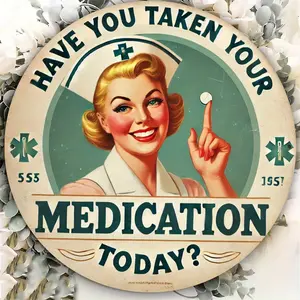 2D Flat, 2D Flat Pack, Medication Reminder Vintage Metal Sign, Round Iron Wall Art, Suitable for Bars, Cafes, Clubs, Kitchens - Retro Pharmacy Themed Tin Plate, 2D Flat