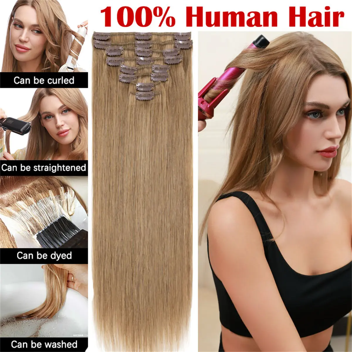 Clip In Hair Extensions Real Human Hair 8Pcs 100g Silky Straight 24 Inch Remy Remy Clip In Hair Extensions Human Hair Weft... From  main image 2