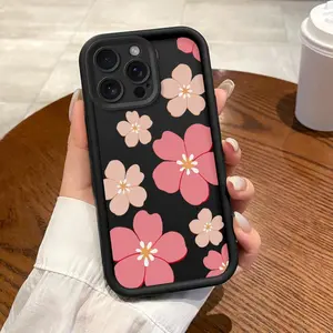 Black with Pink Flower Patterns Phone Case for IPhone 17 Pro Max 16 Plus 15 14 13 12 11 Air E Shockproof Full Camera Protection Durable Slim Silicone Cover