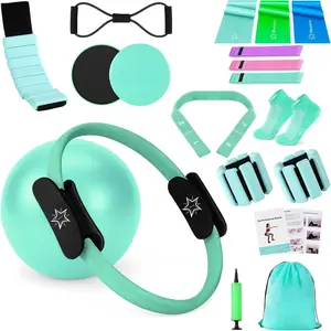 Pilates Equipment Kit for  Workout, Pilates Ring and Ball Set for Women, 14'' Magic Circle Essentials Accessories Kit, Wrist Weights, Resistance Bands, Yoga Strap, Socks, Bag Green