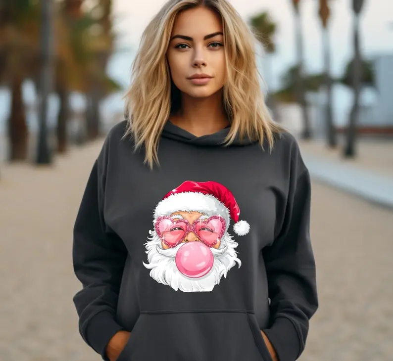 Santa Christmas Blowing Bubble Hoodie, Merry Christmas, Xmas Holiday, Christmas Funny Santa With Sunglasses Hoodie
