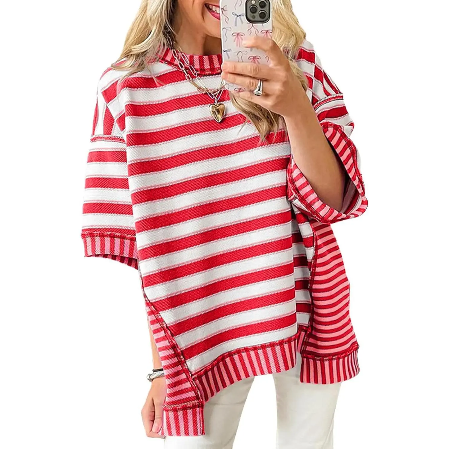Imily Bela Womens Oversized Striped Shirt Summer Half Sleeve Tops Crew Neck Sweatshirts Casual Blouse