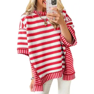 Imily Bela Womens Oversized Striped Shirt Summer Half Sleeve Tops Crew Neck Sweatshirts Casual Blouse