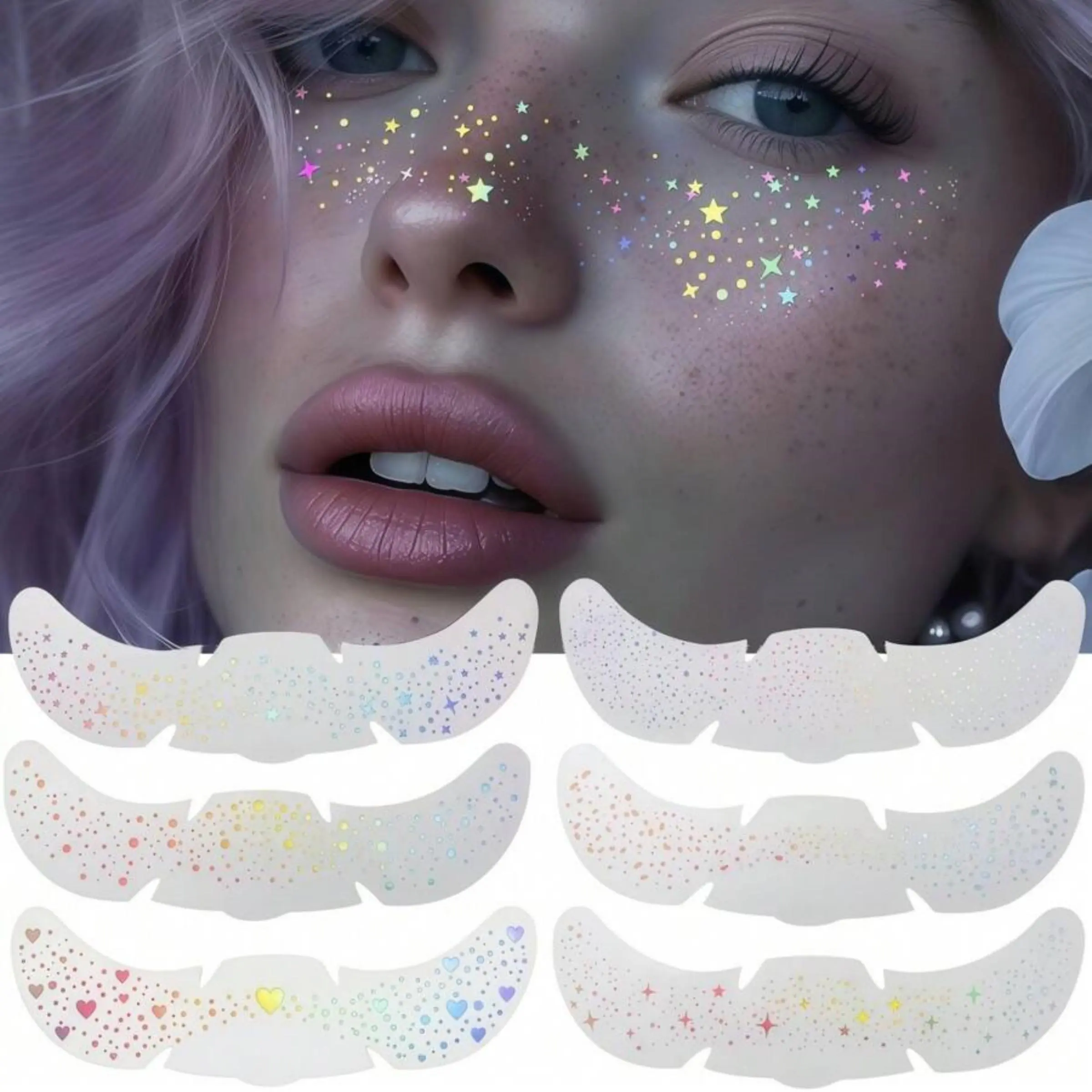 6 Sheets Glitter Freckles Holographic Stickers Heart Freckle Tattoos, Glitter Freckles Face Tattoo, Glitter Stickers Waterproof Temp Tattoos With Glittery Star Heart Dot Pattern For Adults Accessories For Party Festival Daily Makeup