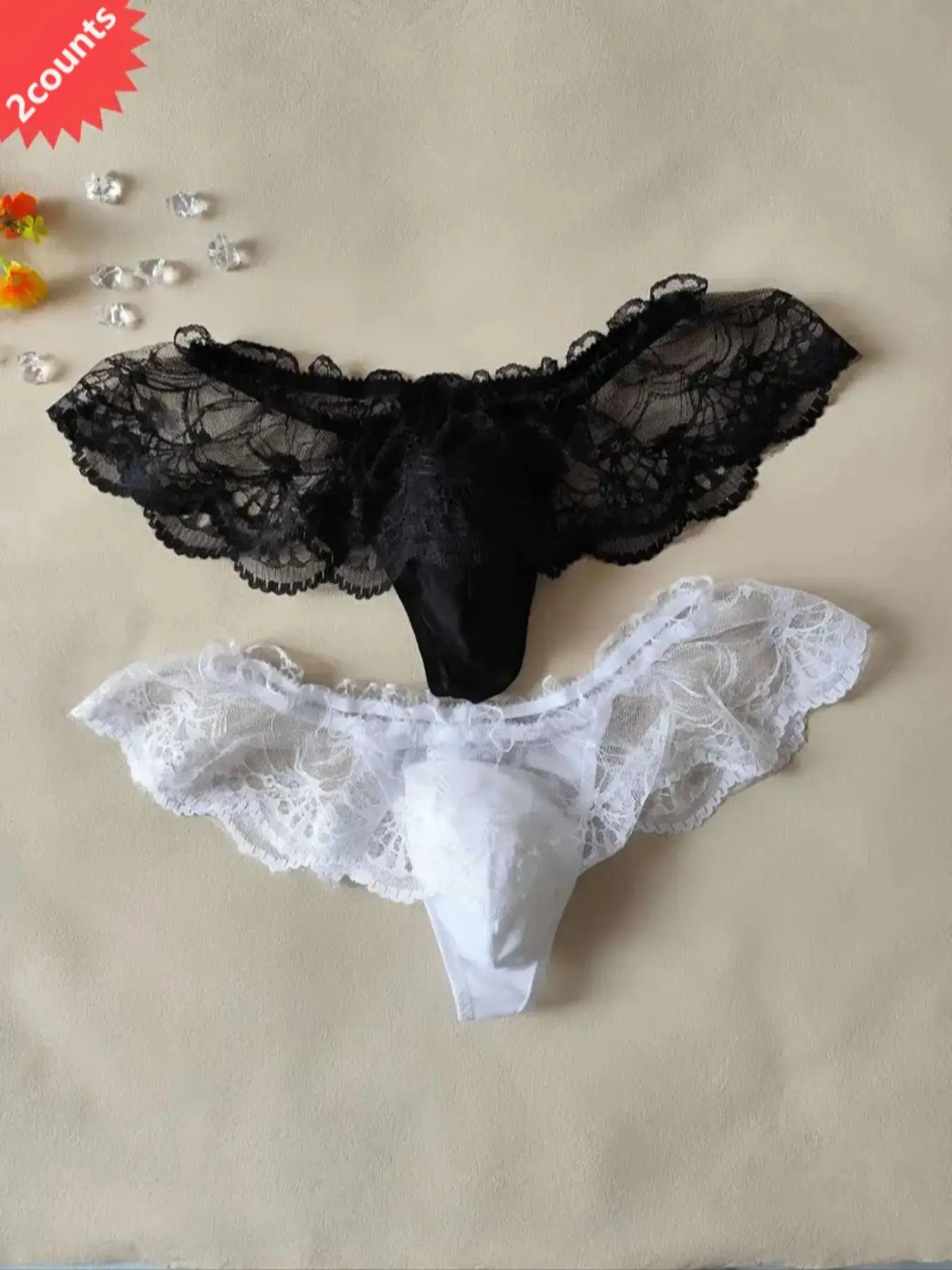 Men's Solid Color Lace Skirt Thong, Soft Comfy Breathable Underwear for Daily Wear, Fashionable Pouch Design Men's Underwear for All Seasons