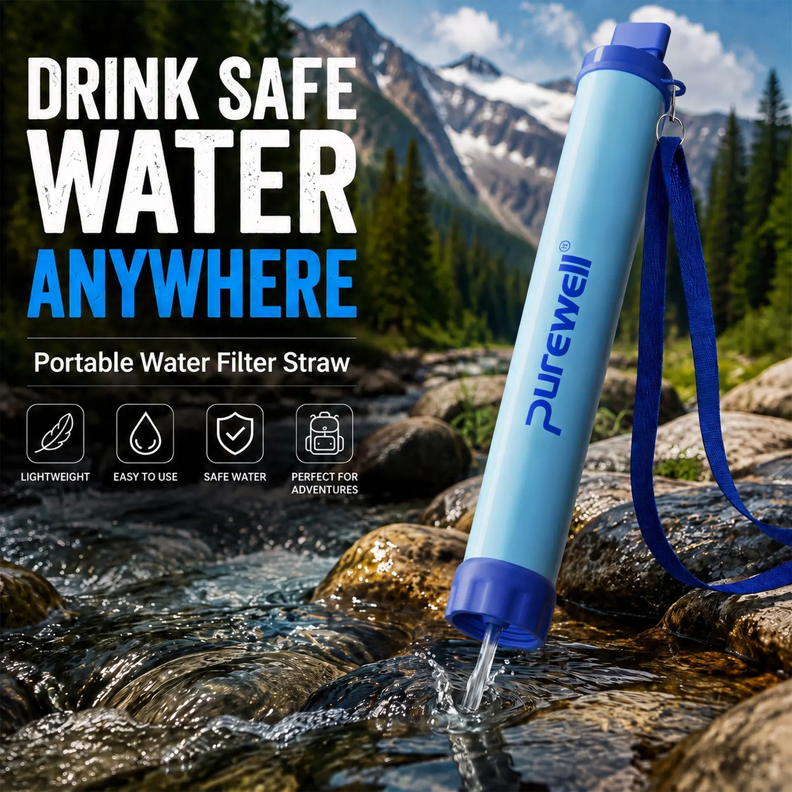Purewell Water Filter Straw Portable Survival Filtering System for Drinking, Hiking, Camping, and Emergency Preparedness