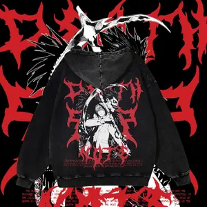 Ryuk and Light Premium Acid-Washed Anime Hoodie | Heavyweight Unisex Hoodie | Cozy Winter Streetwear | Death Note Design