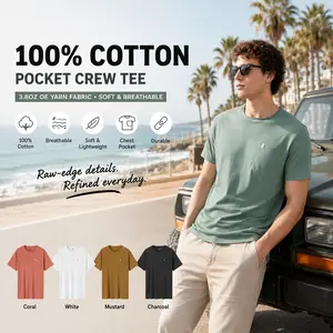 Mega Tshop-831 Menswear Unisex 100% Cotton Shortsleeve T-Shirt, 3.8 oz OE Yarn Fabric, Round Neck Raw-Edge with Pocket, Breathable Plain Casual Crew Tee, Soft Minimalist Durable Summer Basic Refined Top