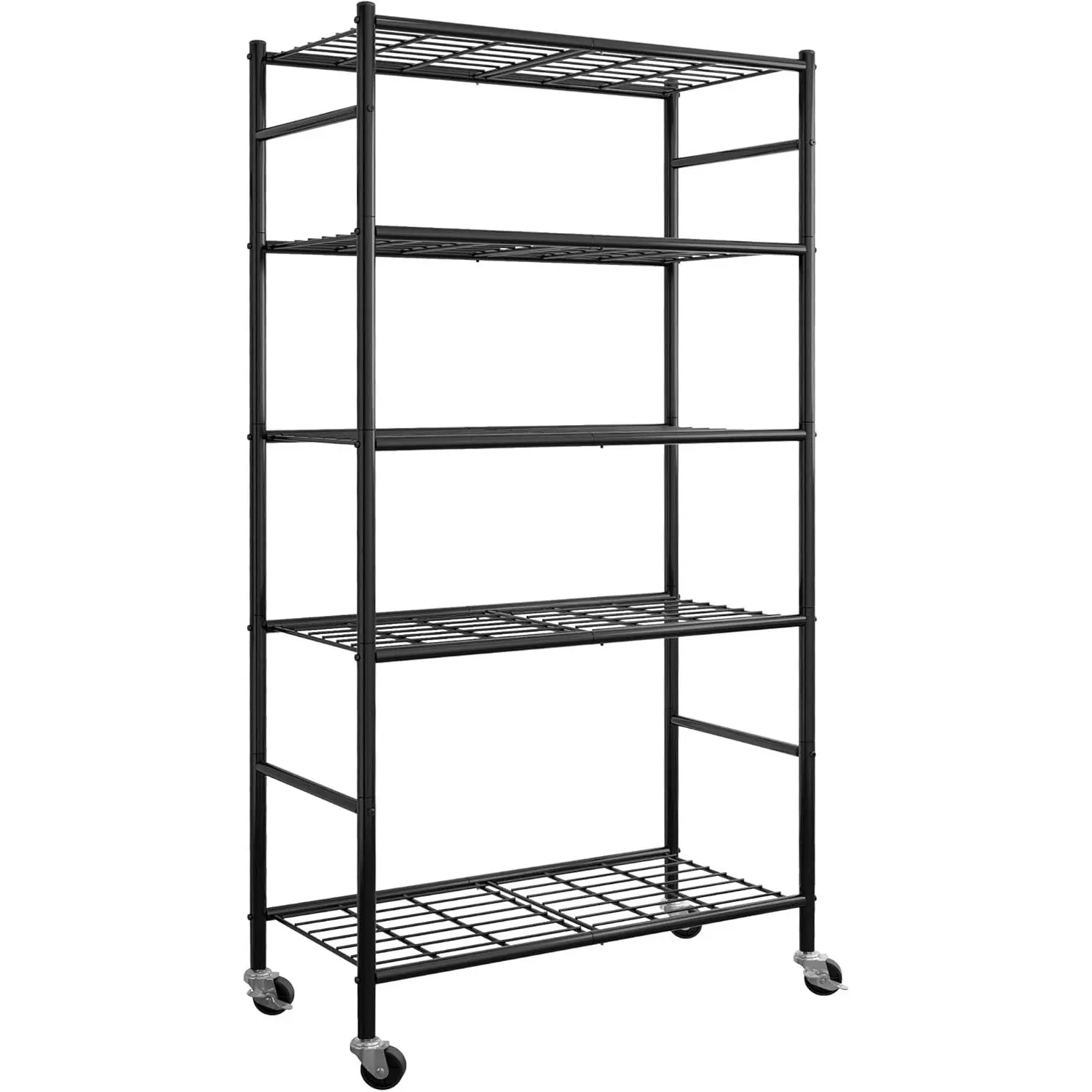 Storage Shelves Organizer - 5 Tier Metal Shelf Organizer with Metal Wheels and Adjustable Leveling , Heavy Duty Garage Shelving for Kitchen, Pantry and Closet, 33.1"x12.6"x73.5", Black