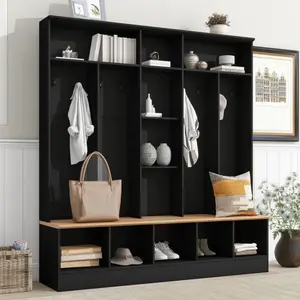 Wide Design Hall Tree with Storage Bench, Minimalist Shoe Cabinet with Cube Storage & Shelves, Multifunctional Coat Rack with 8 Hooks for Entryways, Mudroom, Black ,Space-Saving Shoe Rack for Sneaker Boot Container,Thicken and reinforce,for Entryway