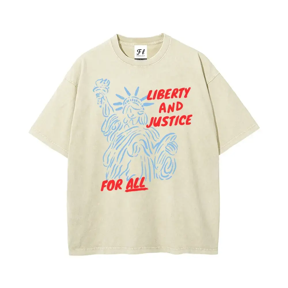 "Liberty And Justice For All Graphic Crop T-Shirt - Unisex Oversize Short-Sleeve Washed Batik Cotton Top, Comfortable Everyday Pre-Shrunk Super Soft Tee, S-5XL (Menswear Focus)", Tshirt, Shortsleeve,men's t shirts,graphic shirts,humor graphic tee