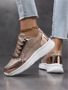 Women's Rose Gold/Silver Shiny Sneakers, Glitter Breathable Elevated Casual Walking Shoes