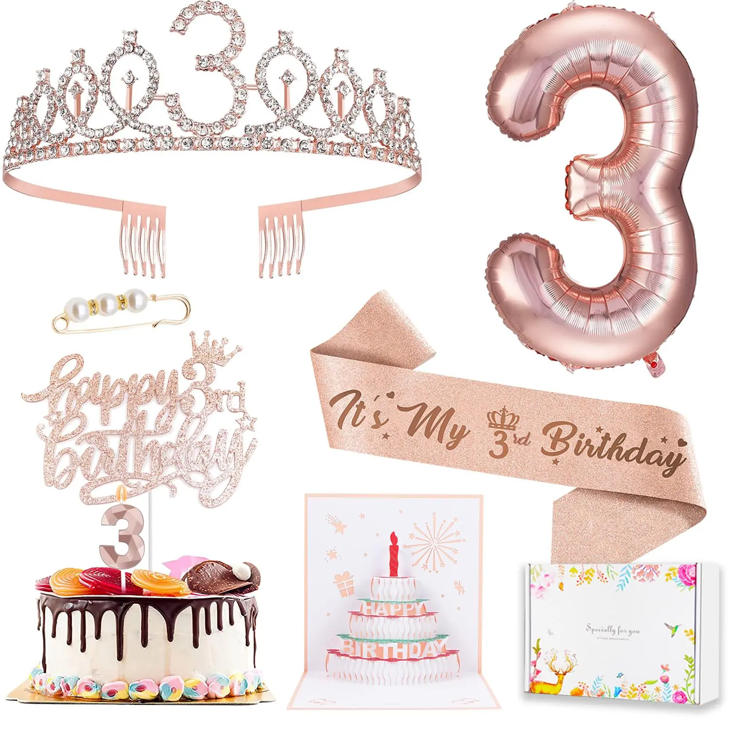 3rd Birthday Decorations for Girls, Rose Gold Cake Topper, Sash, Tiara, Candles & Balloons