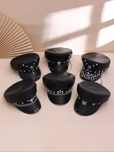 Dark punk-style skull rivet spider chain PU newsboy cap, iron ring leather texture retro flat top cap, Skull Caps