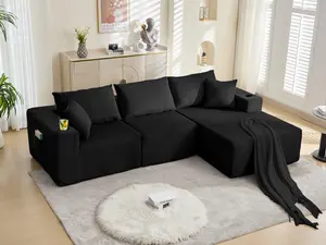 107" Cloud Sectional Couch, Modular Sectional Sofa with L-Shape Chaise, Corduroy Boneless Couch with Deep Seat, Upholstered Sofa for Living Room, No Assembly Required(Right-Facing Chaise, Black)