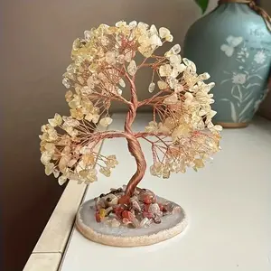 Natural citrine crystal piece, agate base, money tree, hand-woven small ornament, used as a crystal tree for office desks/holiday /home decoration ornament.,Spiritual Healing little gifts birthday valentine