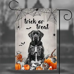 Spooky Black Lab Halloween Garden Flag - Double-Sided, Waterproof Trick or Treat Banner with Ghost Skeleton Design for Front Yard, Porch, Lawn Decor - Durable Polyester, 12x18 inches