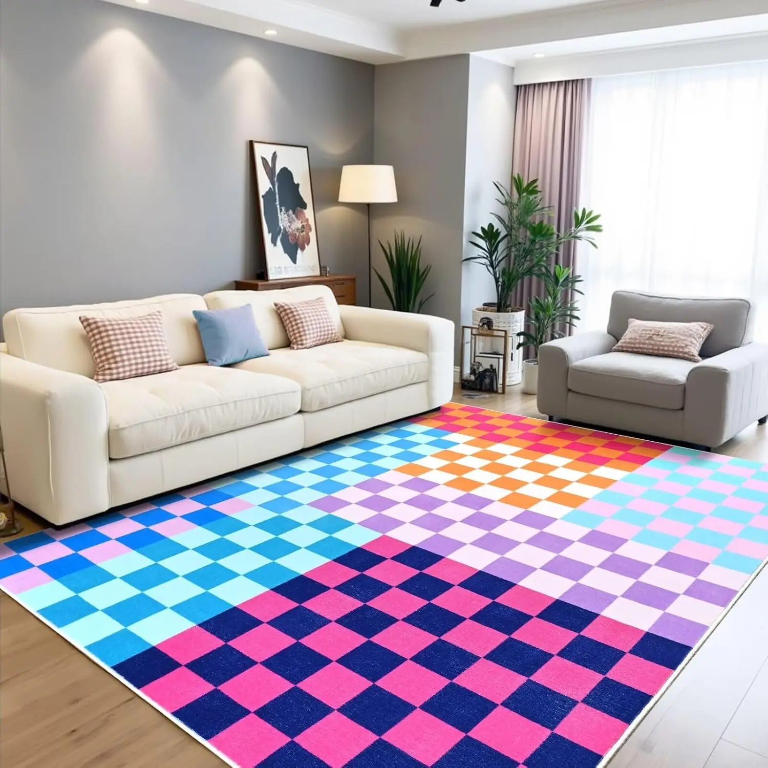 Checkerboard Geometric Rug for Living Room Bedroom, Soft Washable Non-Slip Rug, Low Pile Stain Resistant Rug for Kids Room Entry Kitchen Dormitory, Black/White, Beige/White, Pink/White, Navy/White, 2x3, 3x5, 4x6, 5x7, 6x9 Feet