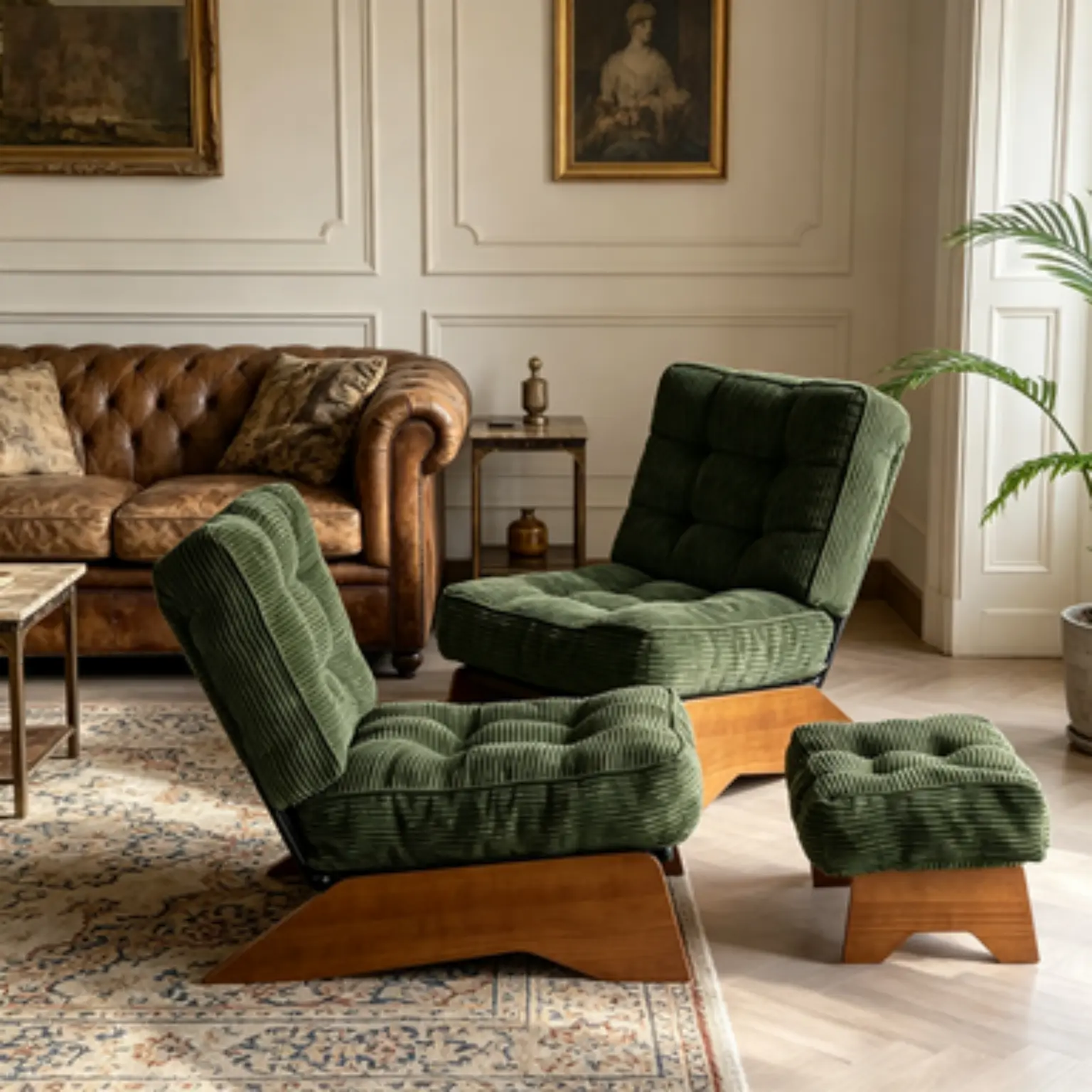 Adjustable Backrest Accent Chair with Ottoman, Tufted Upholstered Lounge Chair with Footrest Set, Modern Cozy Reclining Chair for Living Room & Reading Room, Green