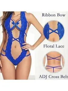 Blue Deep V Halter Lace Strappy Lingerie Teddy One Piece Bodysuits Elegance Womenswear Teddy Lingerie