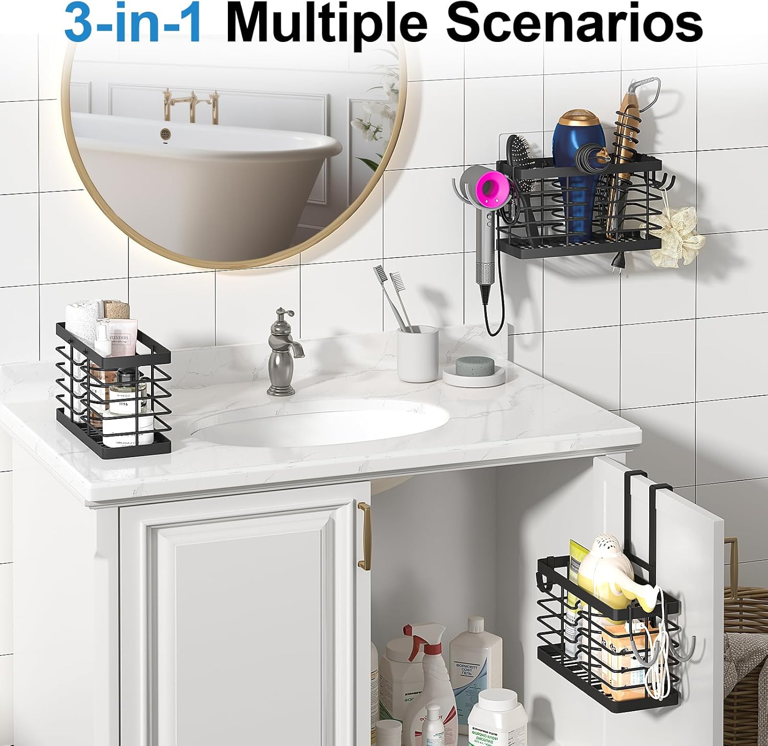 Hair Tool Organizer, Upgraded 3-in-1 Universal Hair Dryer Holder, Adjustable Height Metal Blow Dryer Holder Wall Mounted/Over Cabinet Door/Free-Standing