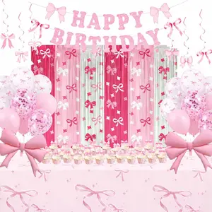 Pink Bow Birthday Decorations with Balloons for Girls, 70PCS Party Decor Set with Banner, Backdrop Curtain, Tablecloth, Hanging Swirls and Cake Toppers