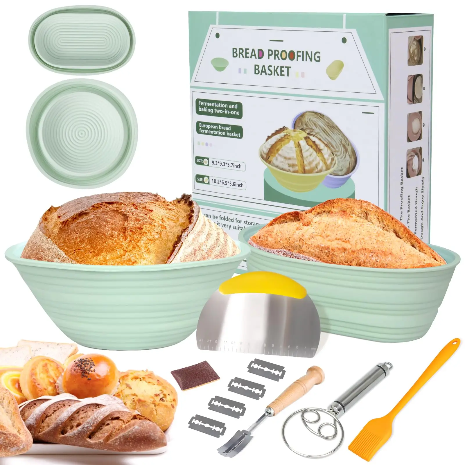 Silicone Bread Basket Set, 1 Set Including Round Bread Basket, Oval Bread Basket & Baking Tools, Complete Set for Bread Making with Tools