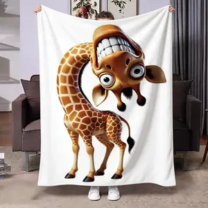 Funny Large Mouth Giraffe Cartoon Print Blanket, Soft Comfortable Multifunctional Shawl Throw, Multiple Sizes Available